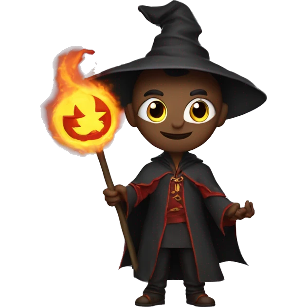 Human demonologist in a wizard costume, surrounded by a fiery halo, Halloween theme, emoji emoji