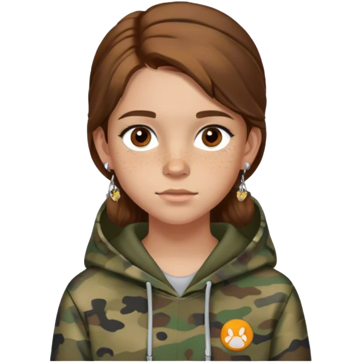 Lucy martin twelve year old girl brown hair camo hoodie earing freckles brown eyes emoji