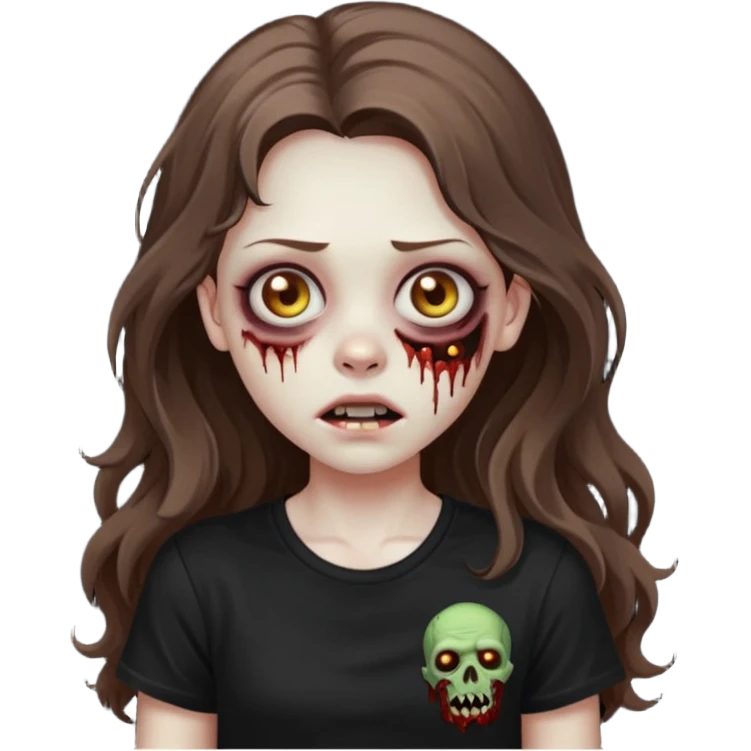 crie um emoji de uma garota zoombie cabelo castanho e longo , assustadora e fofa com cabelo ondulado 2b e camiseta básica preta emoji