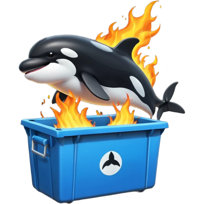 3d Cartoon orca coming out of a dumpster on fire emoji