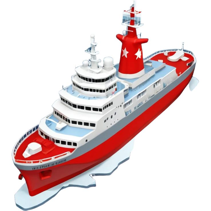 Realistic 3D icon of icebreaker "Kapitan Krutov" (grey hull, red star, white superstructure, "РОСМОРПОРТ" lettering). Soft winter lighting, 3/4 aerial view. Fractured blue ice, white background. High detail, photorealistic GSON style. emoji