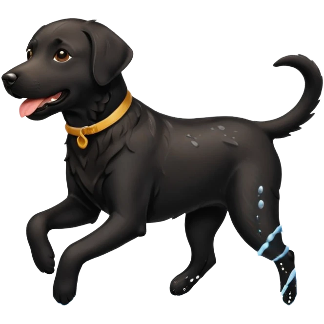 A black Labrador Retriever running through shallow water near a lake, splashing around happily. Natural lighting, motion shot, photorealistic style. emoji