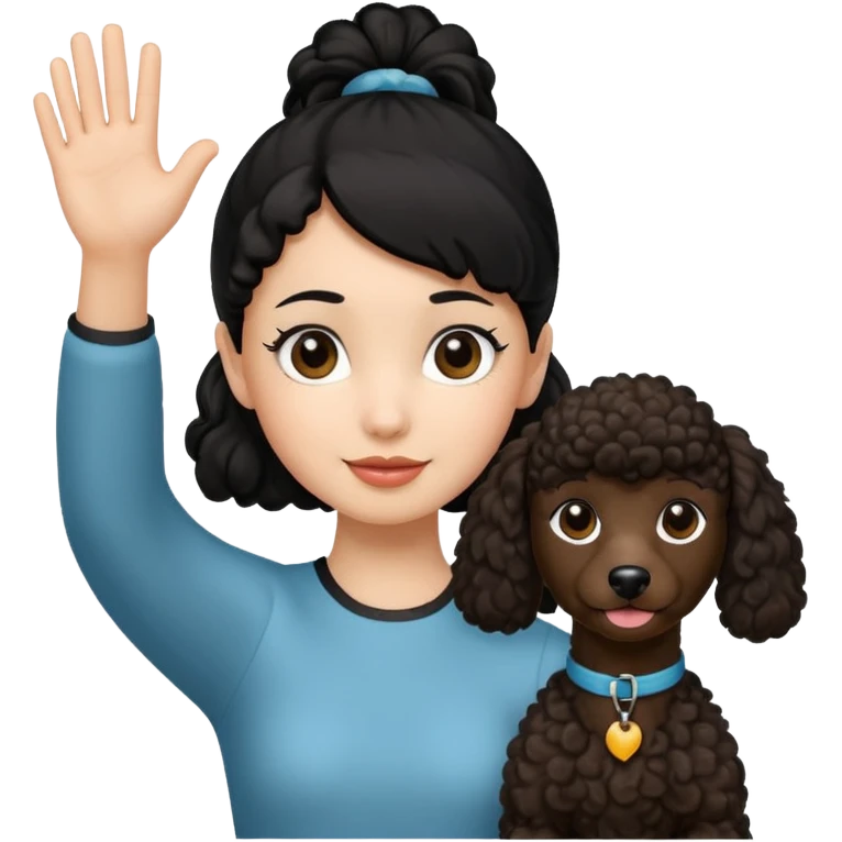 Ponytail black hair girl with brown Poodle say goodbye  emoji
