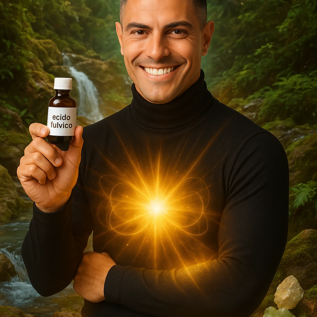 Uomo con il viso del riferimento, tiene una boccetta 'acido fulvico', energia luminosa su addome, ambiente naturale, elementi di purificazione come acqua e minerali, atmosfera benessere, testo in italiano. emoji
