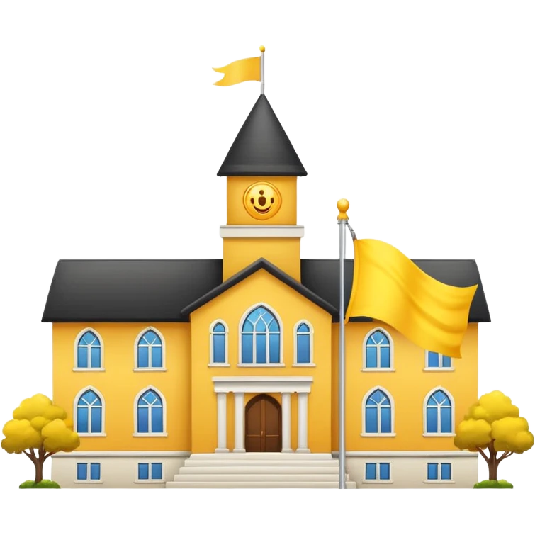 white background, magic school, with a big flag, big flag on a roof, big yellow flag, white school emoji