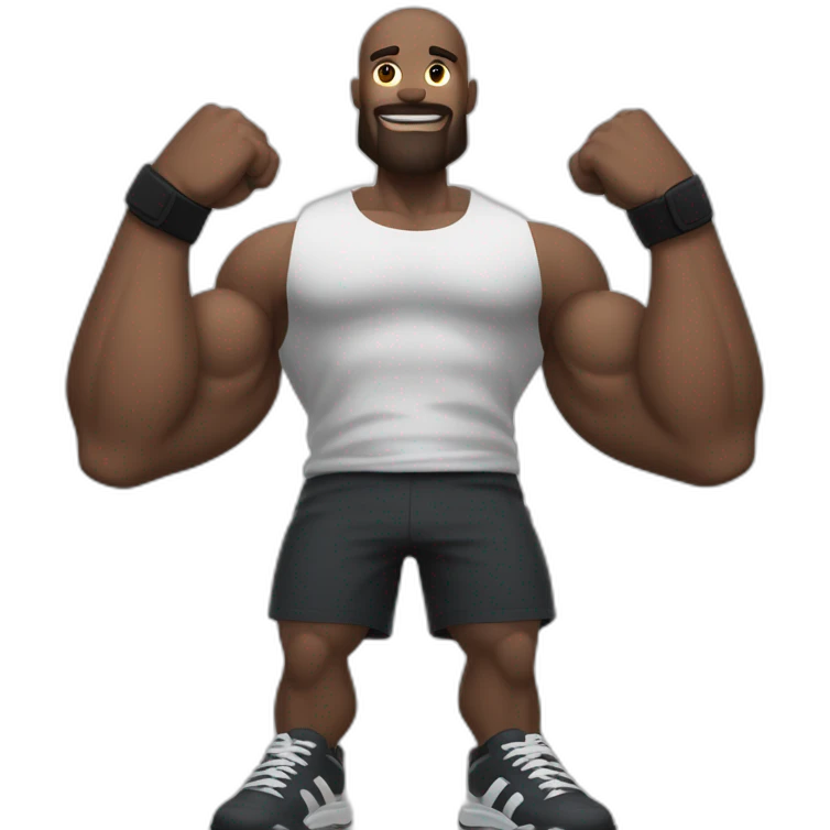 Close up Actively gesturing  with hands Pale skinned Fit Man With the biceps and brown hair in dark gray Sleeveless Mike, black oversize sports shorts, watch and white Sneakers emoji