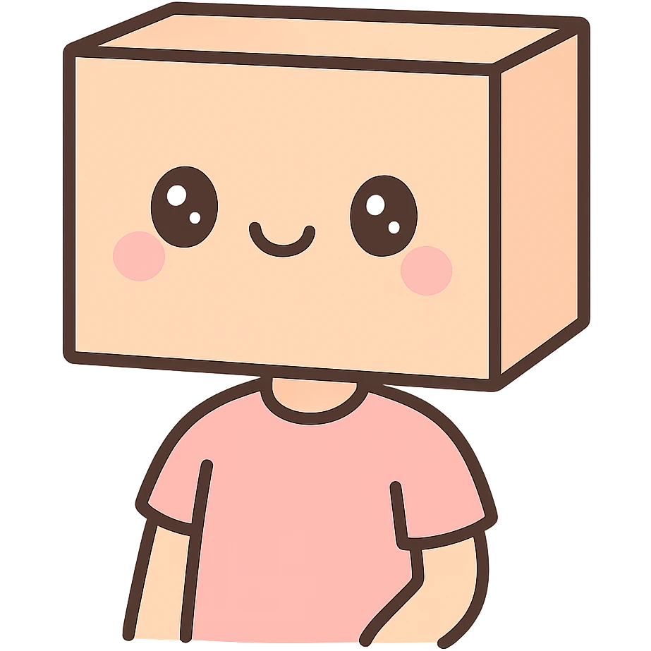 a person with a box on their head, the box features a kawaii smile, simple and charming emoji