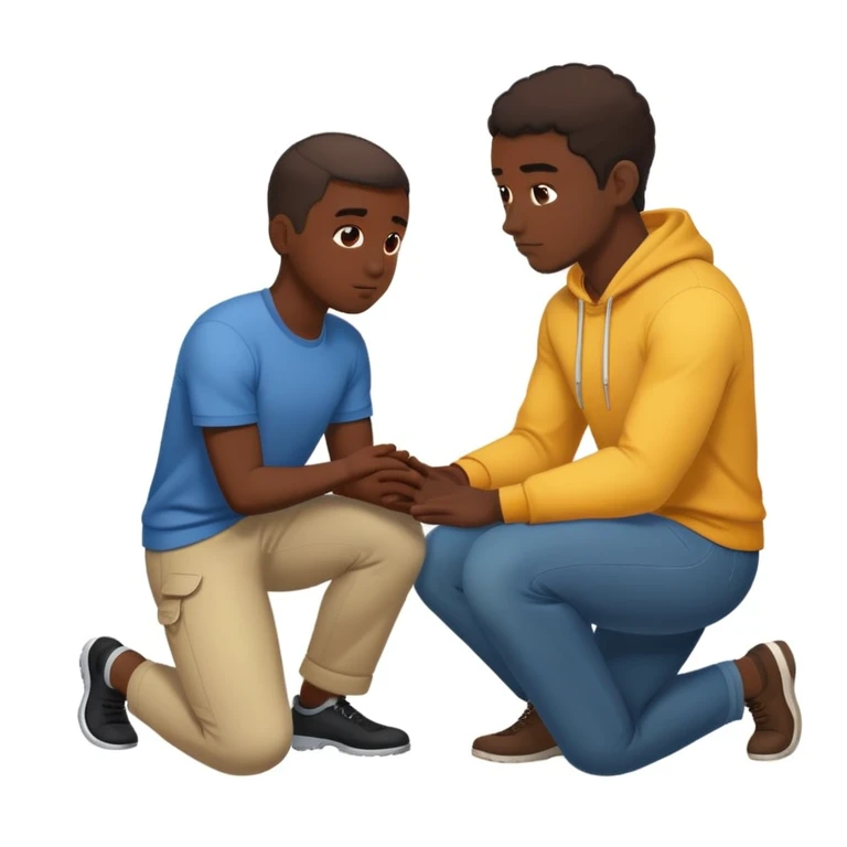 Black man kneeling down in front of white man, respectful gesture emoji