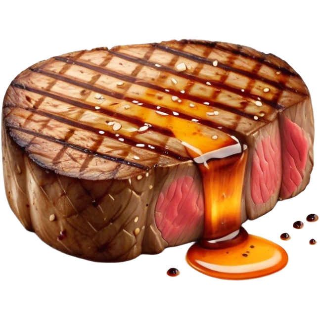 Cinematic thick-cut scotch fillet steak, perfectly seared with grill marks, a grilled center, rich and savory, warm glow, sizzling and mouthwatering, highly detailed and appetizing. emoji