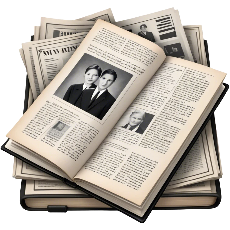 Icon for Non-Fiction & Narrative Reading: an open book with black-and-white photos on the pages, surrounded by a pile of newspaper clippings, and an open folder with top-secret documents. The icon should reflect the blend of real stories and facts in non-fiction literature. Transparent background. emoji