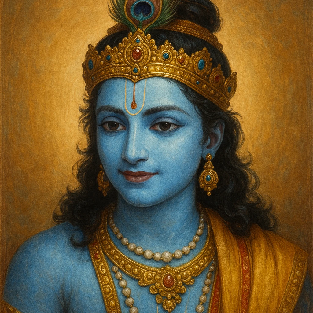 Krishna, the Hindu deity, with blue skin, peacock feather crown, gentle smile, detailed and vibrant emoji