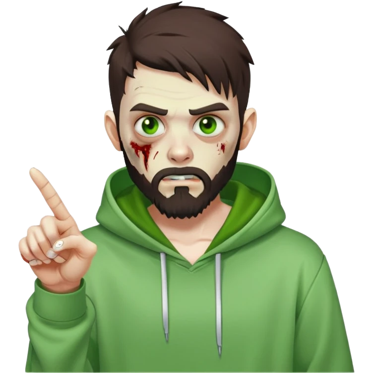 zombie pointing finger, undercut hairstyle with dark brown hair, short full beard, bright green eyes, wearing plain white hoodie emoji