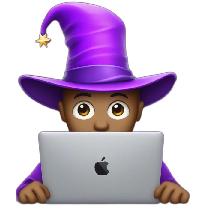magician with a purple pointy magic hat with a star working on a macbook emoji