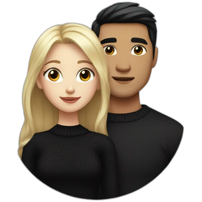 Blonde girl with blue eyes in black sweater and asian man with black hair and black eyes hugging emoji