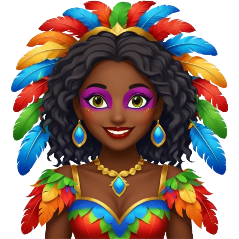 i need the same girl in "dark skin girl, dark red lipstick, nails very beautiful" to be smiling in "carnival mas costume, blue, green and orange preferably, full costume feathers at the back" she is to be smiling, hair should be dark shoulder length, black nail polish on her fingers  emoji