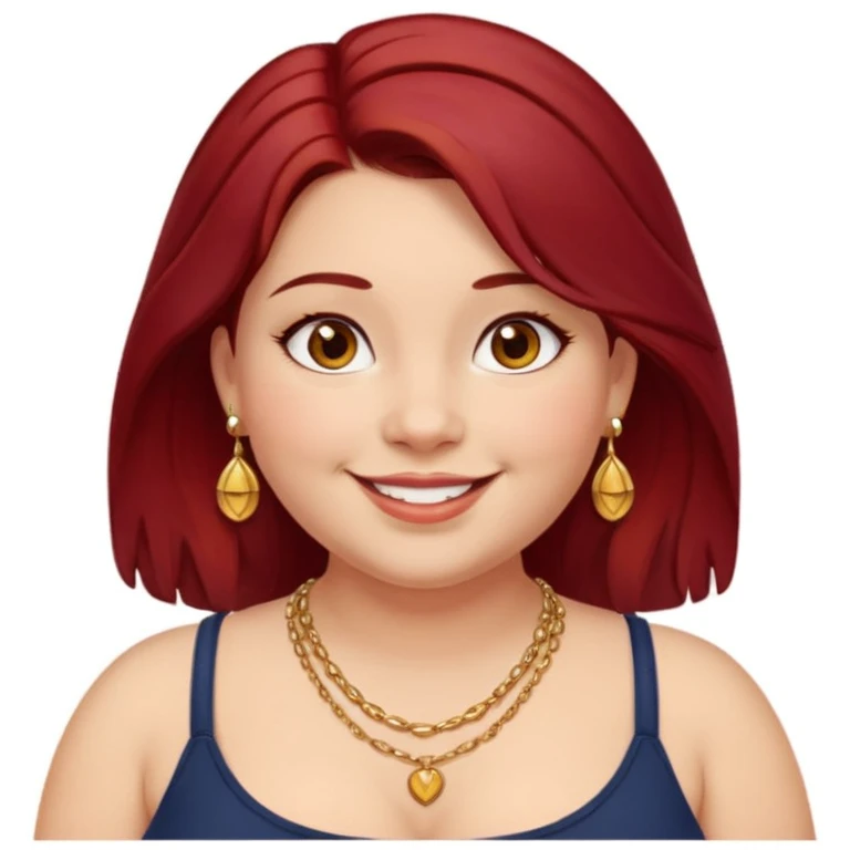 Chubby girl, shoulder length dark red hair, brown eyes, dimples, gold earrings, and necklaces emoji