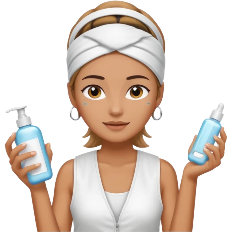 Clean girl aesthetic emoticons, apply skincare products, headband, glowing skin, white vest, soft lighting emoji