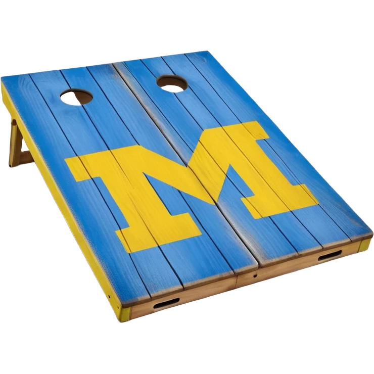 Cornhole board blue and yellow with Michigan “M” emoji