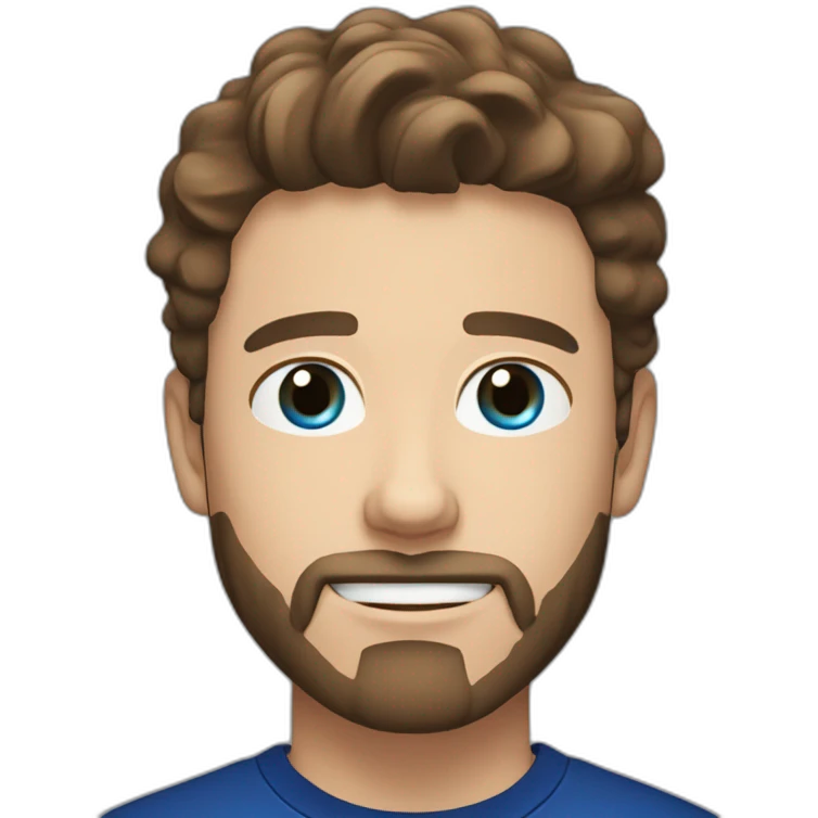 a 21 year old white scandinavian man with a goatee beard and dark brown short wavy brown hair with blue eyes with a black t-shirt emoji