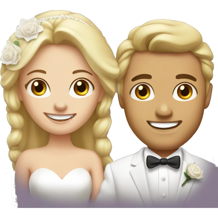 happy couple on wedding day, blond hair bride emoji