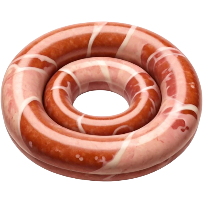 raw sausage in circular coil, pale pink slightly marbled, natural casing, thick rustic, smooth with flecks of fat, ends tucked under, no grill or extras, soft lighting, subtle shadows, emoji scale emoji