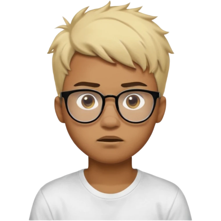 Teenager. Short buzz, messy blonde hair. Dark brown bushy eyebrows large expressive golden-brown eyes, brown skin color, scar over nose, wearing a plain white t-shirt. wearing clear thick black glasses. 20 year old male. wacky facial expression. brown skin color.  emoji