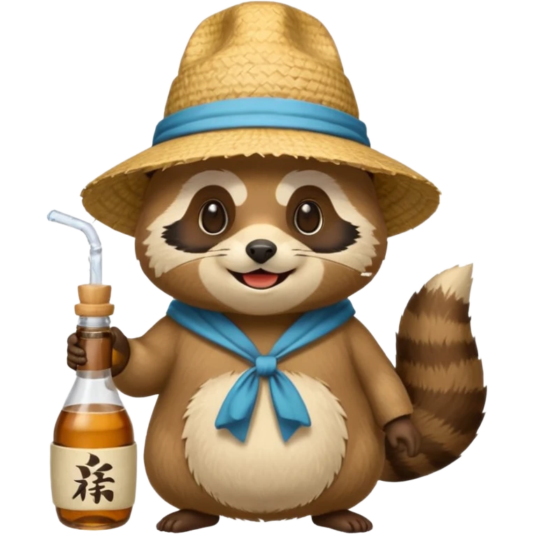japanese tanuki with straw hat and sake bottle emoji
