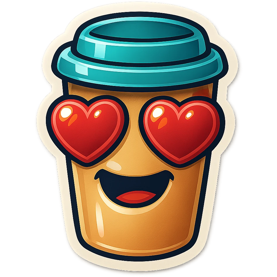 coffee cup creature, big heart eyes, big smile emoji