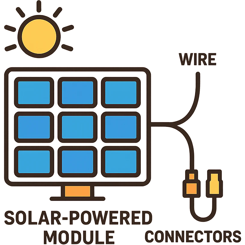 technical illustration of solar powered module, detailed, labeled solar cells, wires and connectors, on a white background emoji