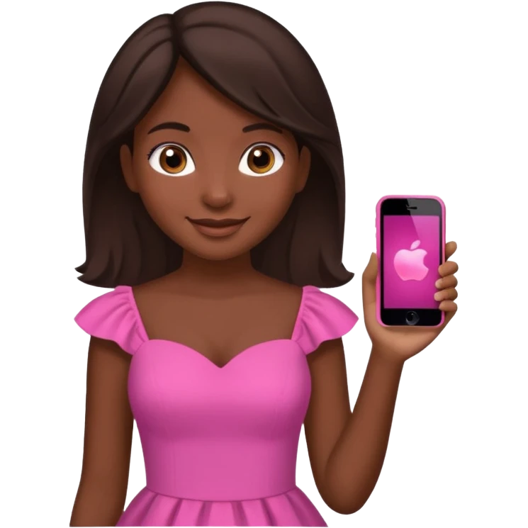 Create an emoji of a girl with dark skin, dark brown hair, a contoured face, brown eyes, and a pink dress. She should be holding an iPhone in her hands and smiling. emoji