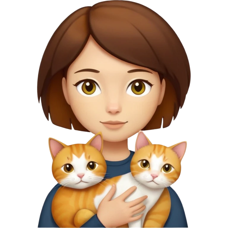 Straight short hair ear length in dark brown , skin tone honey . holding one ginger cat and one yellow white cat same size  emoji