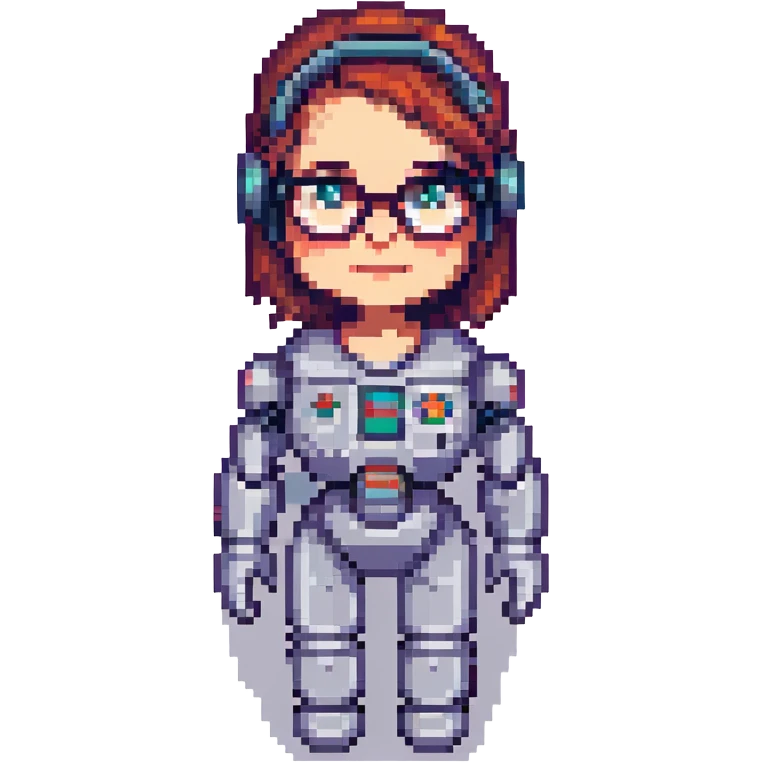 shoulders-up portrait of a cute female recruiter robot in 8-bit pixel art style, approachable, one hand raised, glasses emoji