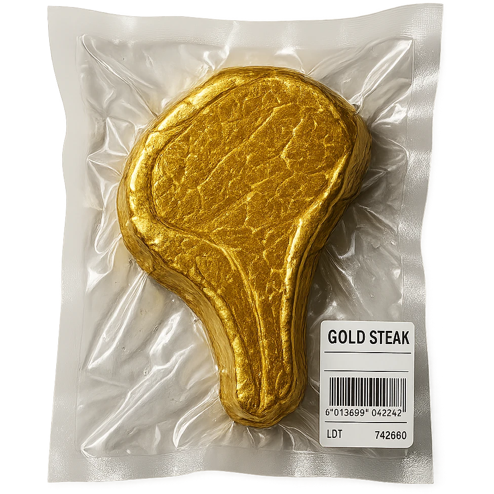 luxurious gold steak, glossy, vacuum-sealed style emoji