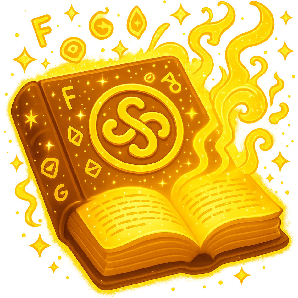 Make the mystic yellow book even more magical with sparkling magical energy, enchanted symbols, glowing effects, and a whimsical magical aura. Style it to resemble an apple emoji style. Keep no background. emoji