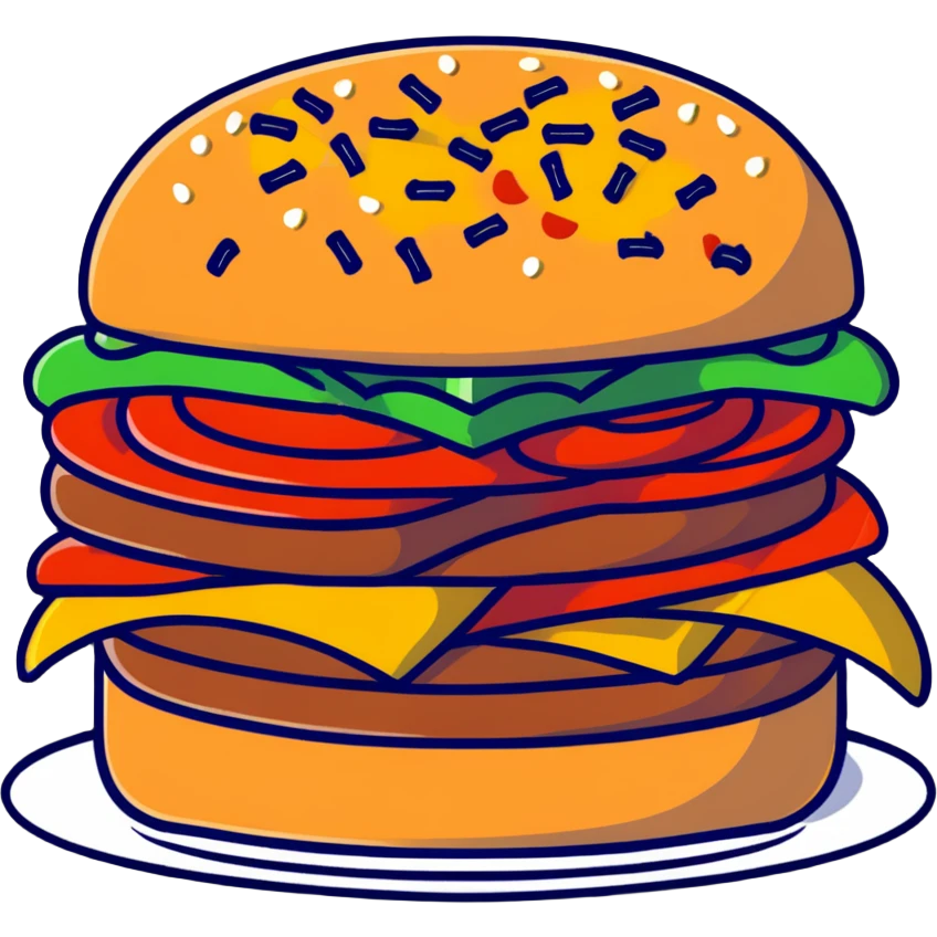 A burger with pizza toppings, french fries sticking out the sides, and apple slices as garnish emoji