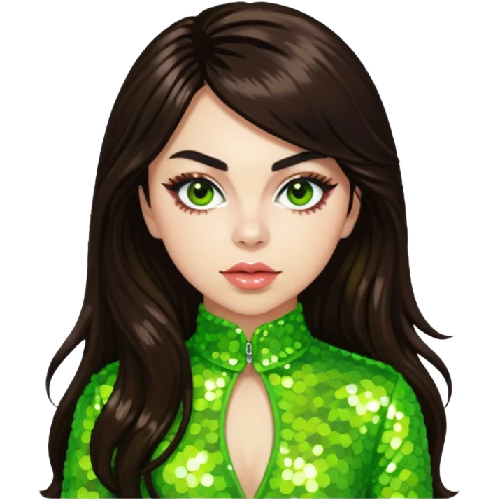 Charli XCX with long dark brown hair, lime green sequin outfit emoji