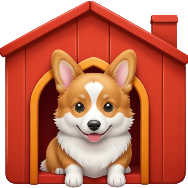 a corgi dog resembling the real Apple emoji dog peeking out of a red dog house emoji