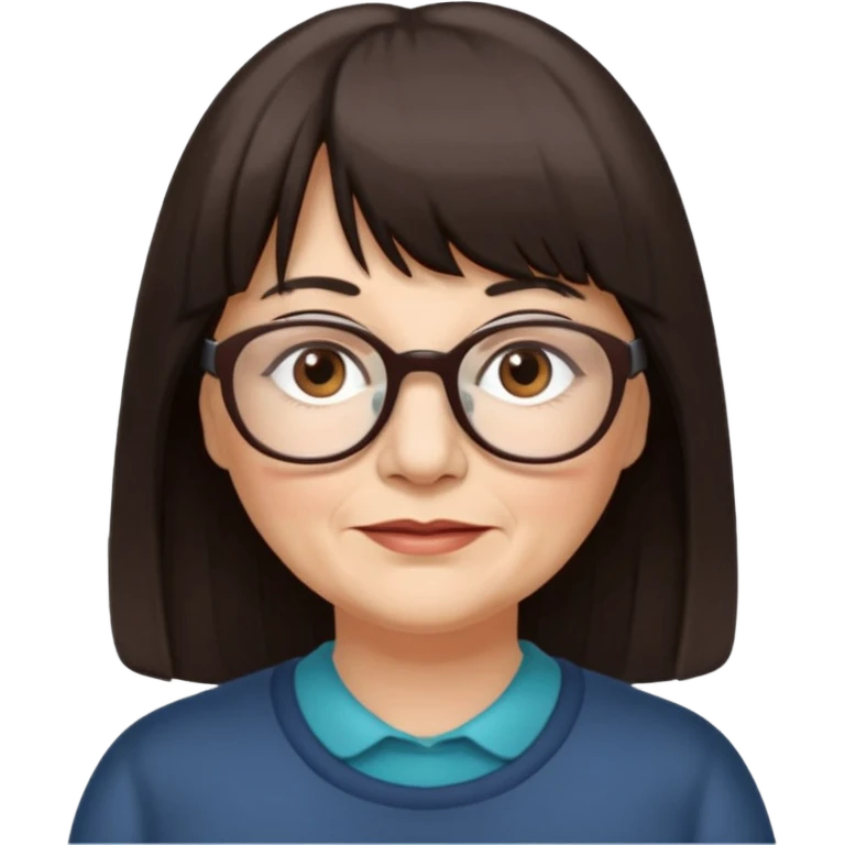 60 yr old woman, long hair, very small brown eyes, long hair, straight dark brown hair, bangs, chubby, long face emoji