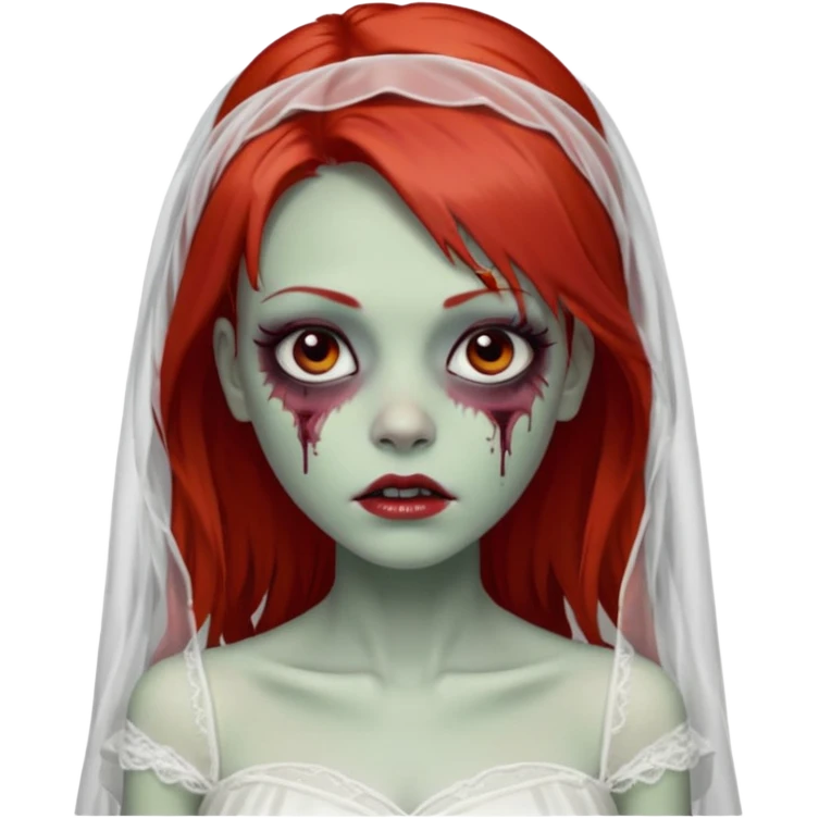 девушка зомби невеста с фатой, с рыжими прямыми волосами по плечи, с черными макияжем глаз, тонкими бровями, в стиле Apple avatar emoji