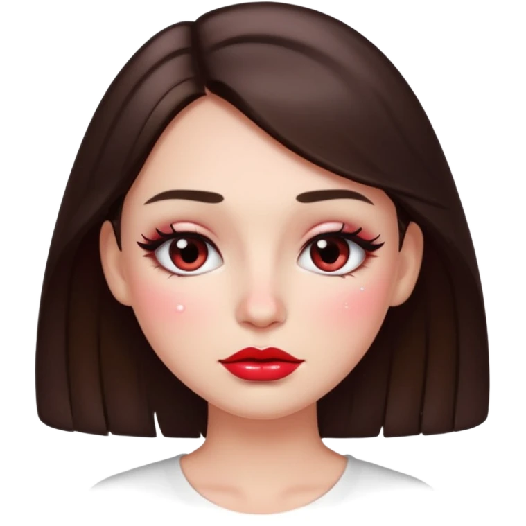 “Emoji brunette girl, dewy skin, heavy blush across cheeks and nose bridge, glossy cherry lips, soft eyeliner, teary sparkling eyes emoji