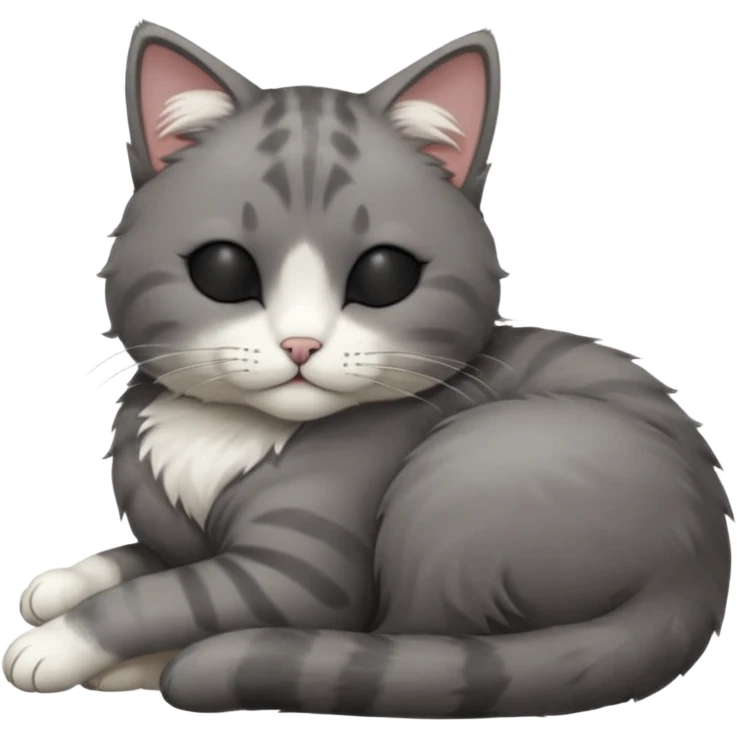 dark grey and white small cat with closed eyes, leaning his head on his paw while leaning on his elbow lying down emoji