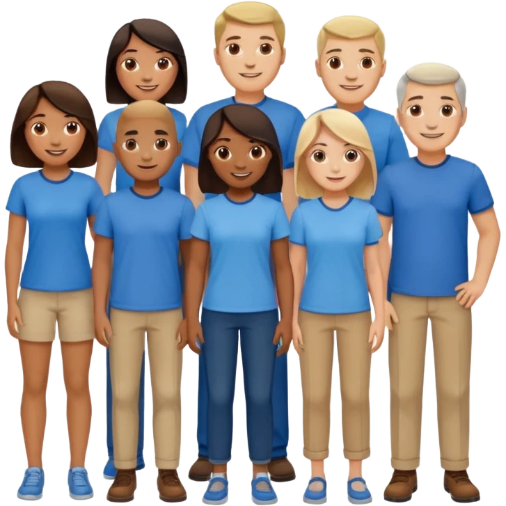 CREA UN EMOJI DE 7 PERSONAS HOMBRES Y MUJERES, CON CAMISA AZUL SOLO 7 SIETE PERSONAS CUERPO COMPLETO emoji