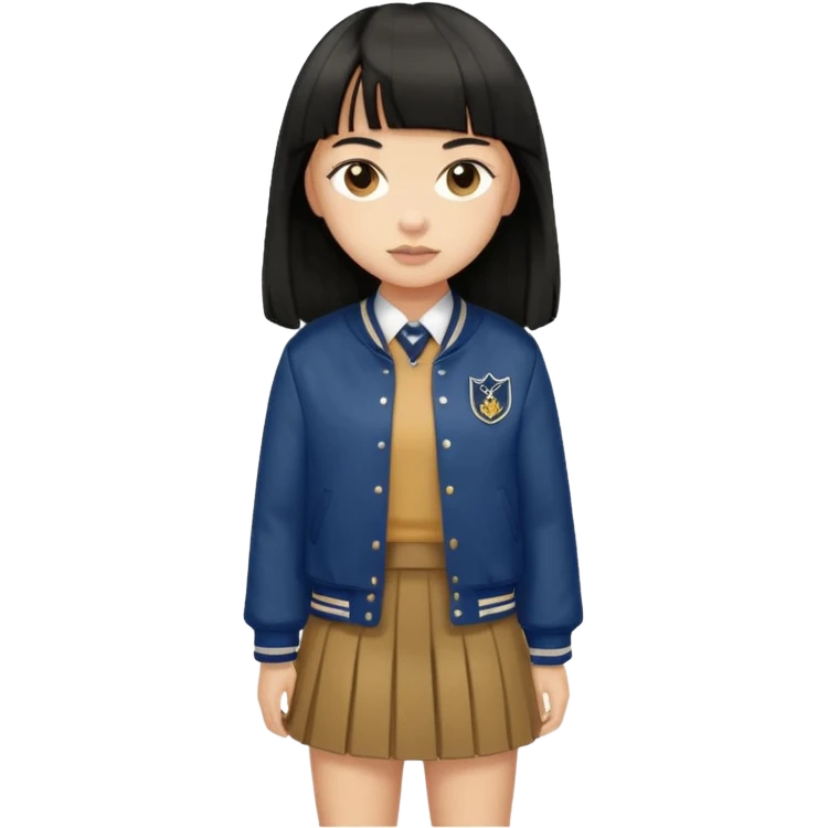 hair : black long hair with fringe 
skin : light 
cloth : brown varsity jacket + navy long long school girl skirt 


 emoji