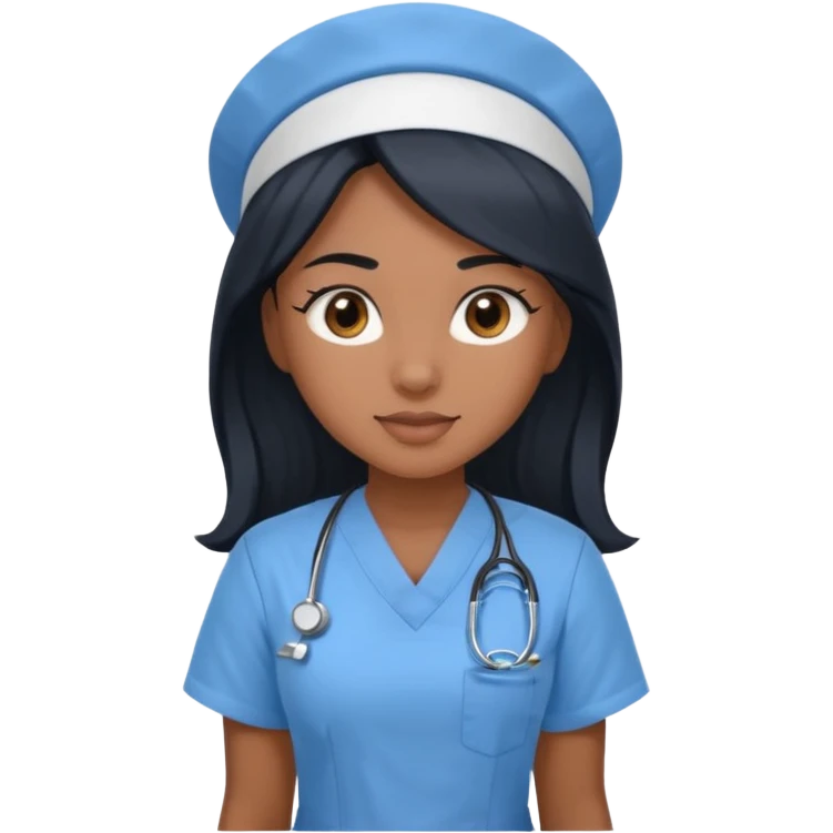 pretty brown skin nurse with long black hair and slanted brown eyes in light blue scrubs emoji