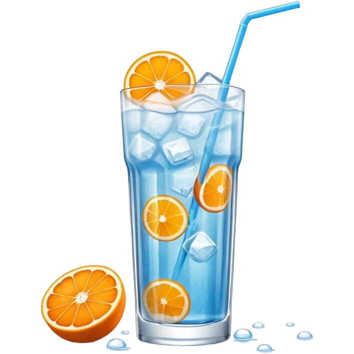 A tall glass of mikan soda with floating orange slices and ice, tiny bubbles rising, soft blue drink, sunlight through glass. emoji