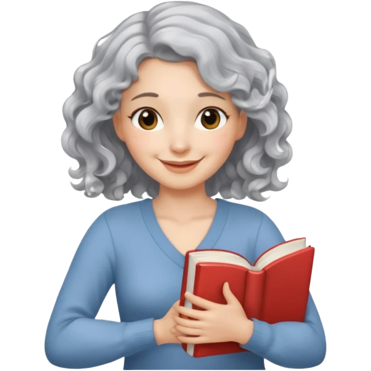 Silver hair, wavy/curly hair chin-length lady giving hug with 2 arms,  v-neck and smiling, add a favorite book emoji