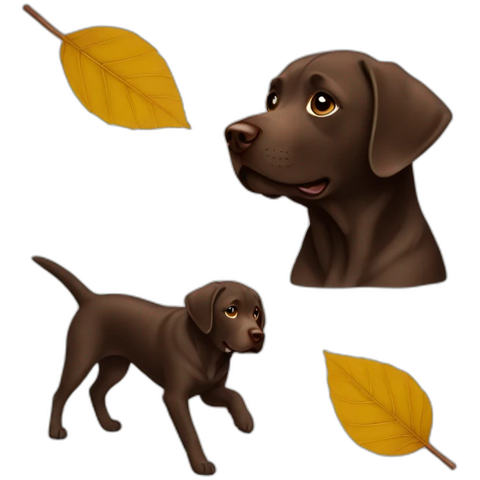 Chocolate labrador playing with leaves emoji
