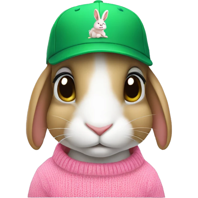 Rabbit is sitting wearing pink sweater and green baseball cap emoji