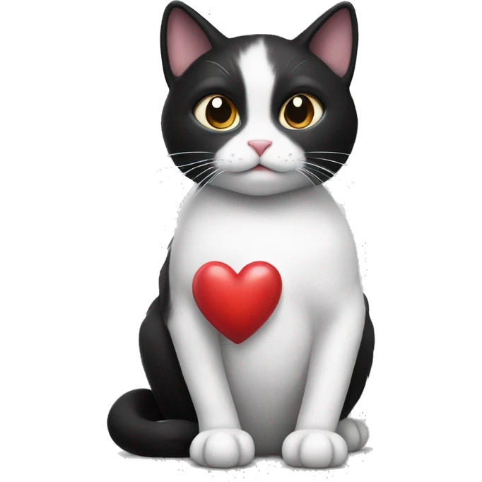 Realistic Black and white cat holding a heart emoji