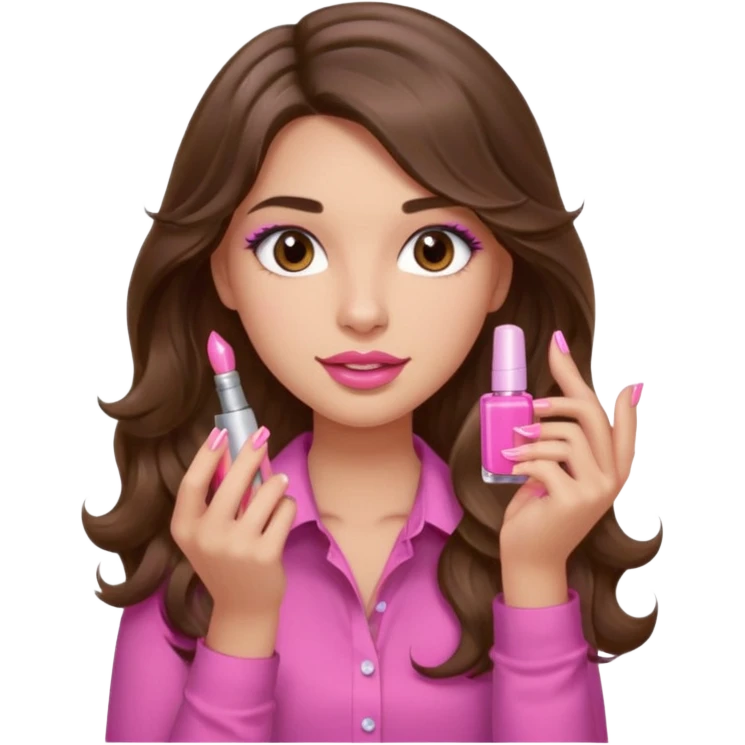 girl with long wavy brown hair, brown eyes, light to medium complexion, in a pink shirt, pink lips, long lashes, puckered lips,  painting long finger nails emoji